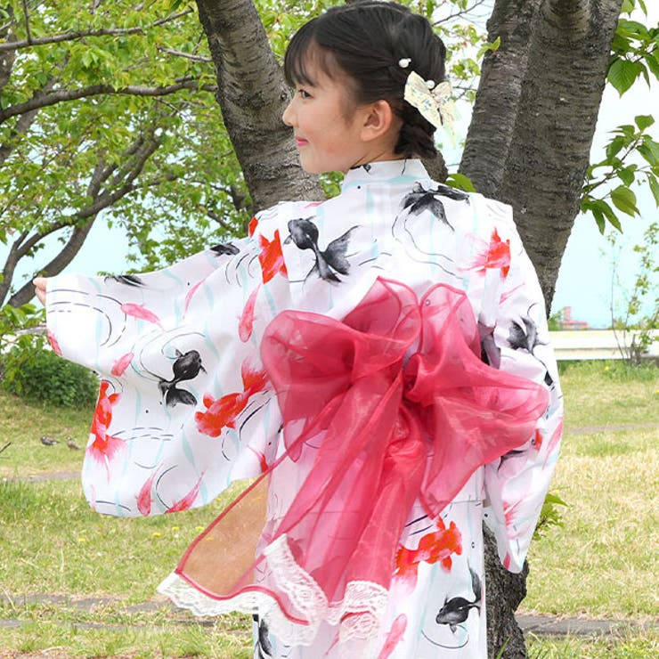 ホワイト×赤黒金魚 | 浴衣3点セット 綿100％ 簡単 | 子供服Bee