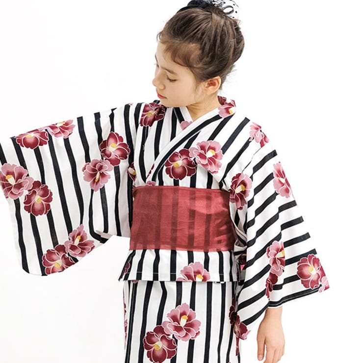黒ストライプ×赤花 | 浴衣3点セット 綿100％ 簡単 | 子供服Bee