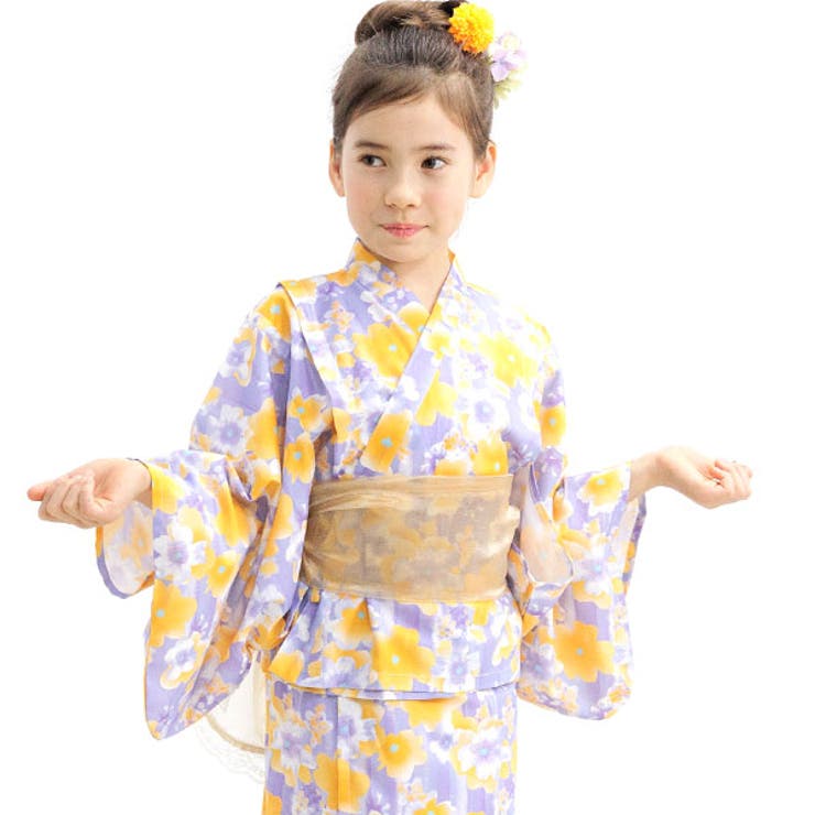 パープル×水彩花 | 浴衣3点セット 綿100％ 簡単 | 子供服Bee