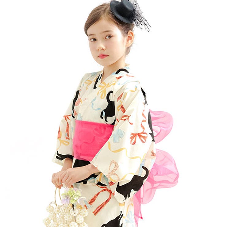 アイボリー×猫リボン | 浴衣3点セット 綿100％ 簡単 | 子供服Bee