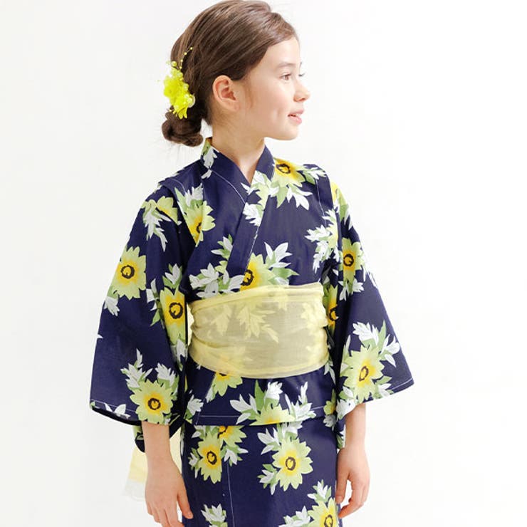 ネイビー×向日葵 | 浴衣3点セット 綿100％ 簡単 | 子供服Bee