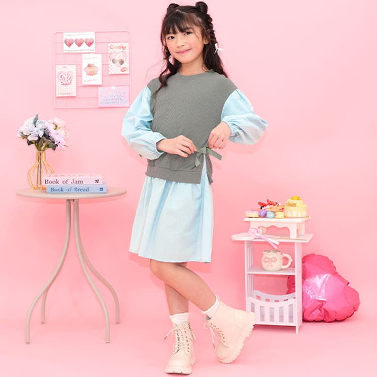 ライトチャコール×くすみブルー | レイヤード風ワンピース リボン 重ね着風 | 子供服Bee