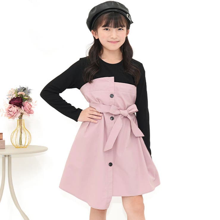 ブラック×くすみピンク | ドッキングワンピース 長袖 アシンメトリー | 子供服Bee