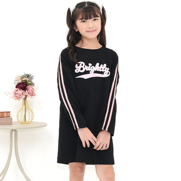 ブラック地×ピンクライン | プリントワンピース ライン スウェット風 | 子供服Bee