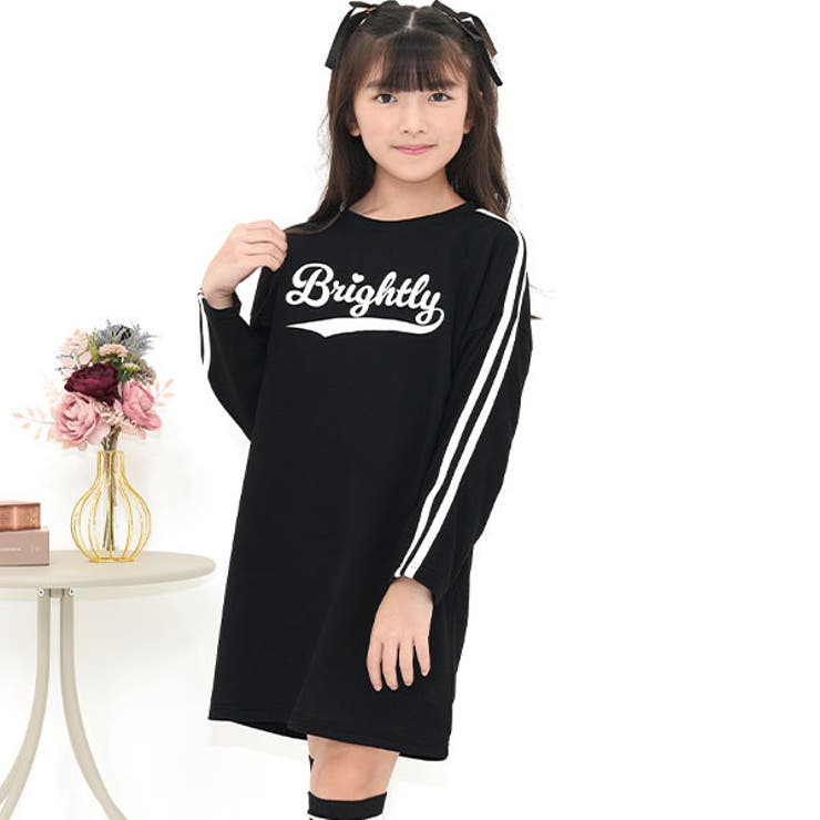 ブラック地×白ライン | プリントワンピース ライン スウェット風 | 子供服Bee