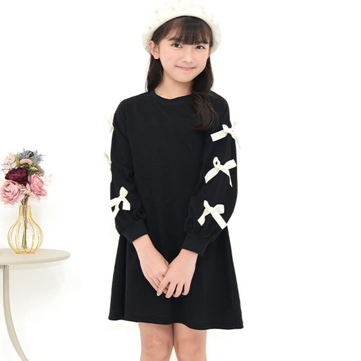 ブラック地 | リボンワンピース スウェット風 Aライン | 子供服Bee