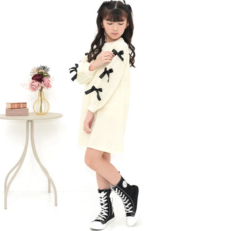 アイボリー地 | リボンワンピース スウェット風 Aライン | 子供服Bee