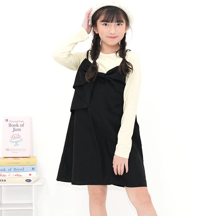 アイボリー×ブラック | ドッキングワンピース リボン 重ね着風 | 子供服Bee
