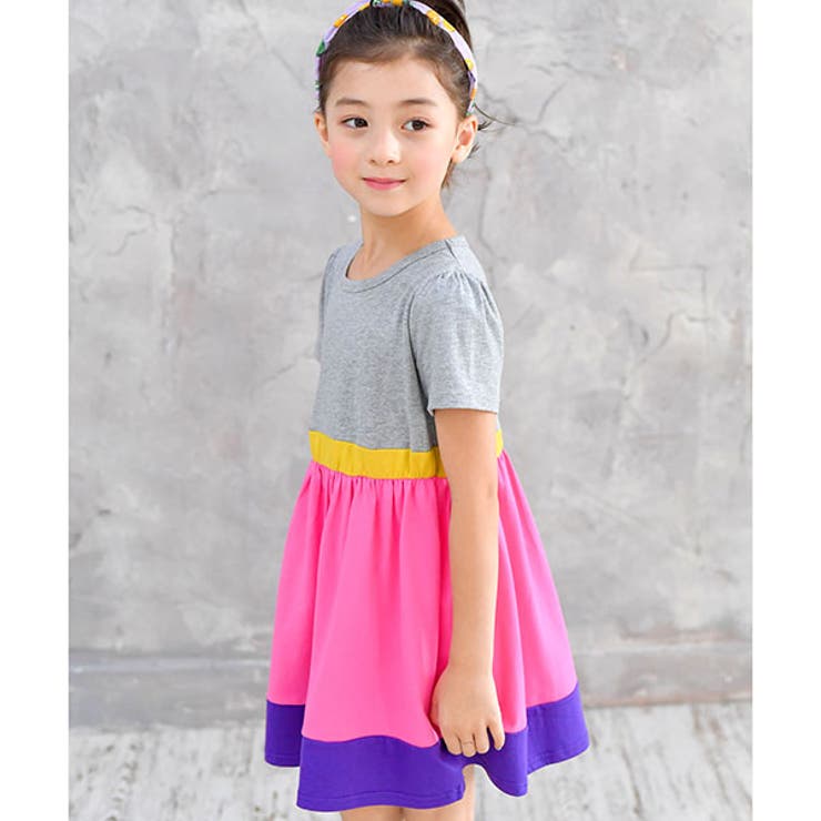 配色半袖ワンピース 子供服 キッズ 女の子 春 夏 秋 韓国子供服