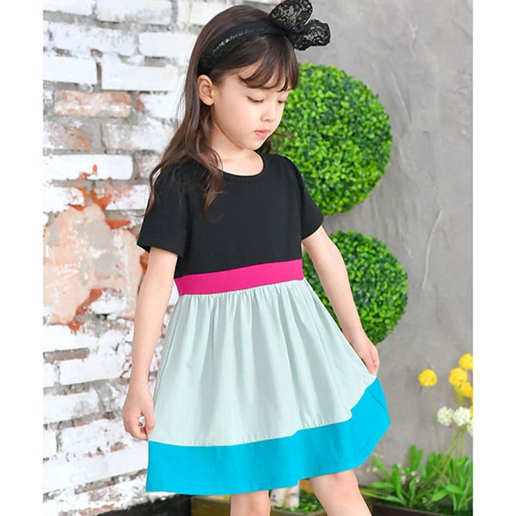 ブラックTOPS | 配色半袖ワンピース 子供服 キッズ 女の子 春 夏 秋 韓国子供服 | 子供服Bee