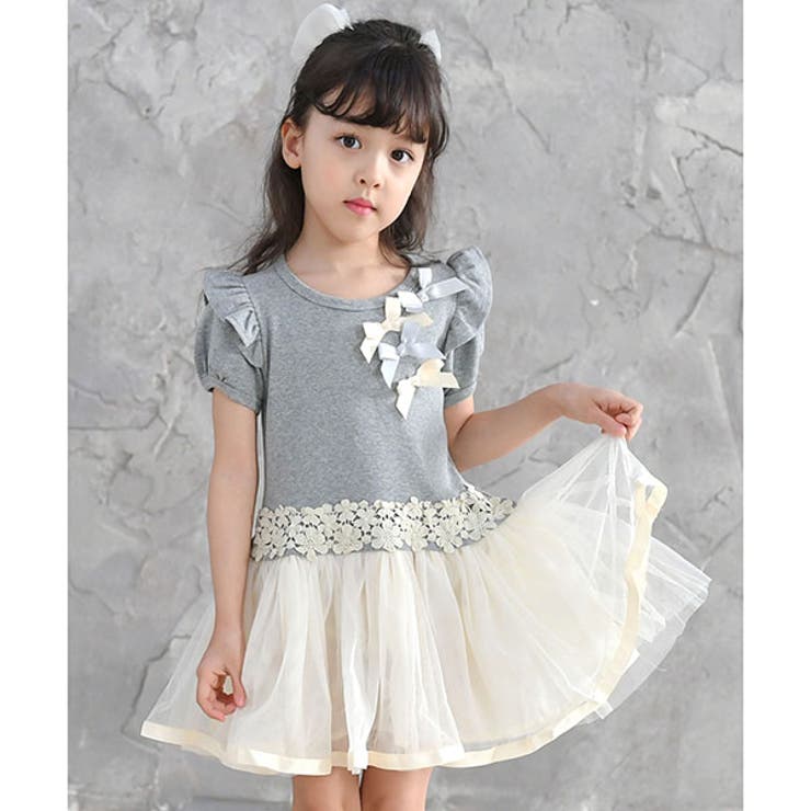 グレー地×スカートアイボリー | 半袖ワンピース 子供服 キッズ 女の子 春 夏 韓国子供服 | 子供服Bee