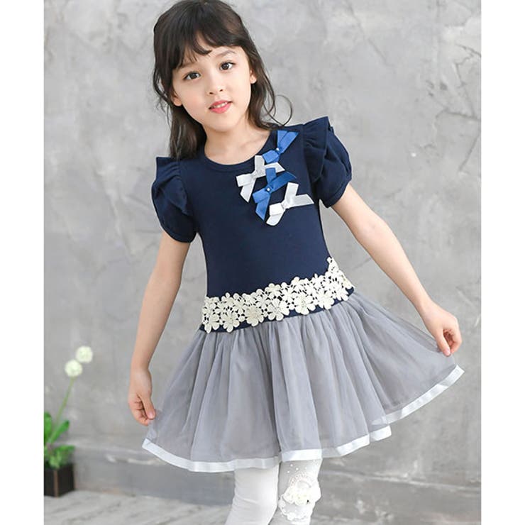 ネイビー地×スカートグレー | 半袖ワンピース 子供服 キッズ 女の子 春 夏 韓国子供服 | 子供服Bee