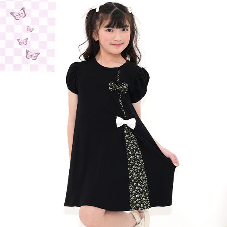 リボンワンピース 半袖 切替え[品番：BEEK0001311]｜子供服Bee