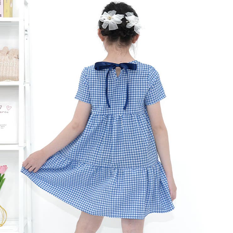 ティアード×ギンガムブルー | ティアードワンピース リボン 無地 | 子供服Bee