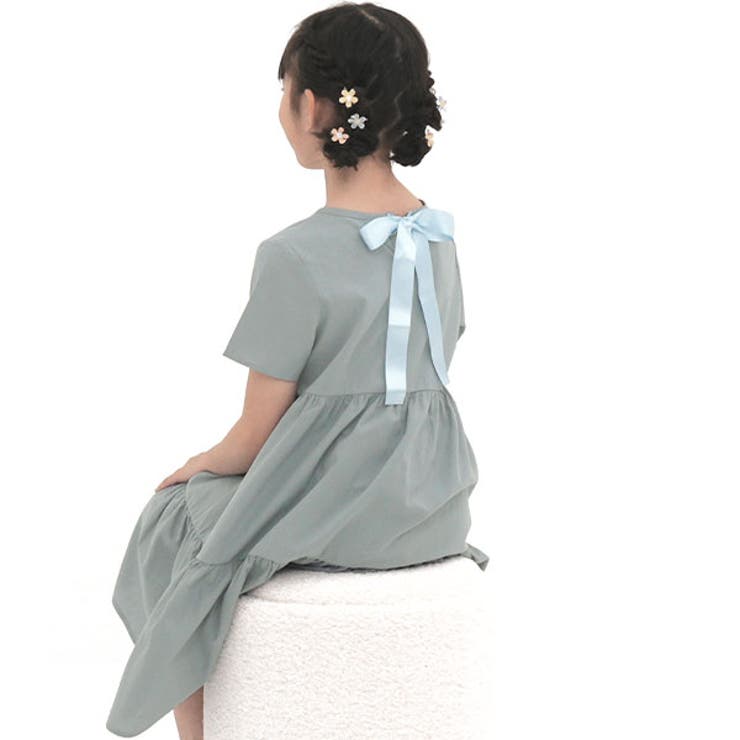 アイスブルー | ティアードワンピース リボン 無地 | 子供服Bee