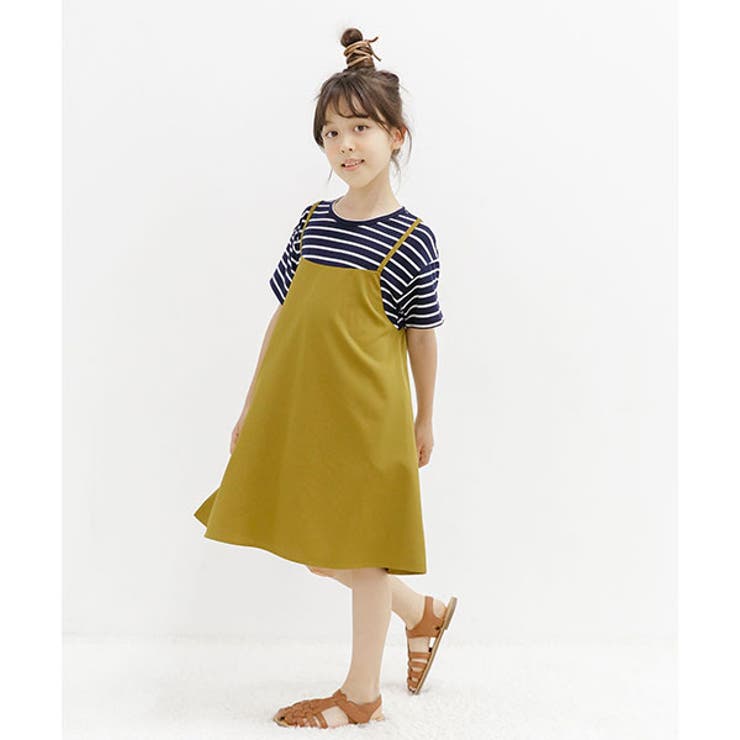 ネイビー白ボーダー×オーカー | レイヤード風半袖ワンピース 子供服 キッズ | 子供服Bee