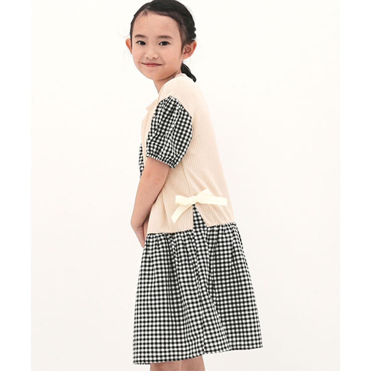 ベージュ×ブラックギンガム | レイヤード風ワンピ 子供服 キッズ 女の子 春 夏 韓国子供服 | 子供服Bee