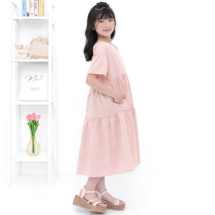 ピンク | ティアードワンピース 首後ろゴム 無地 | 子供服Bee