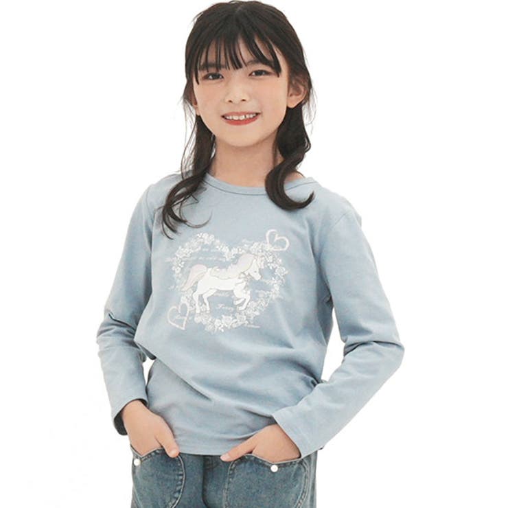 ユニコーン×くすみブルー | プリントTシャツ 綿100％ 長袖 | 子供服Bee