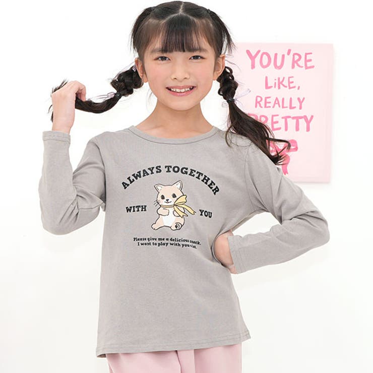 Cat×グレージュ | プリントTシャツ 綿100％ 長袖 | 子供服Bee