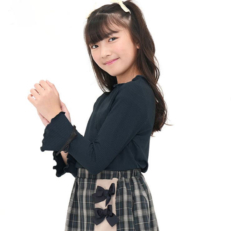 ブルーブラック | リブ地トップス フレア袖 リボン | 子供服Bee