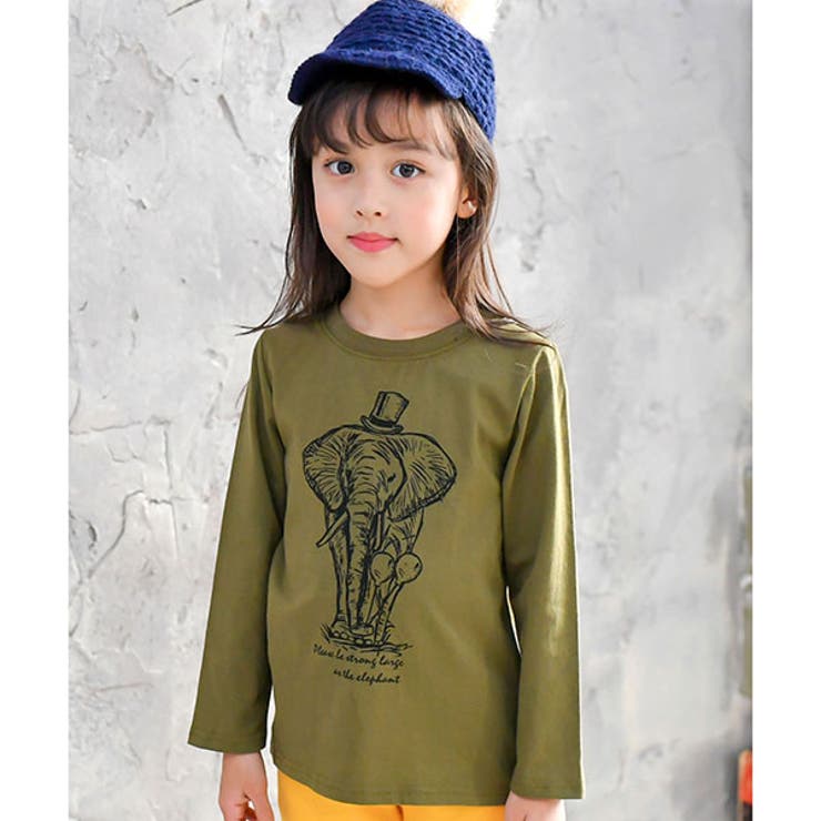 ぞう×カーキ地 | プリントTシャツ 綿100％ 長袖 | 子供服Bee
