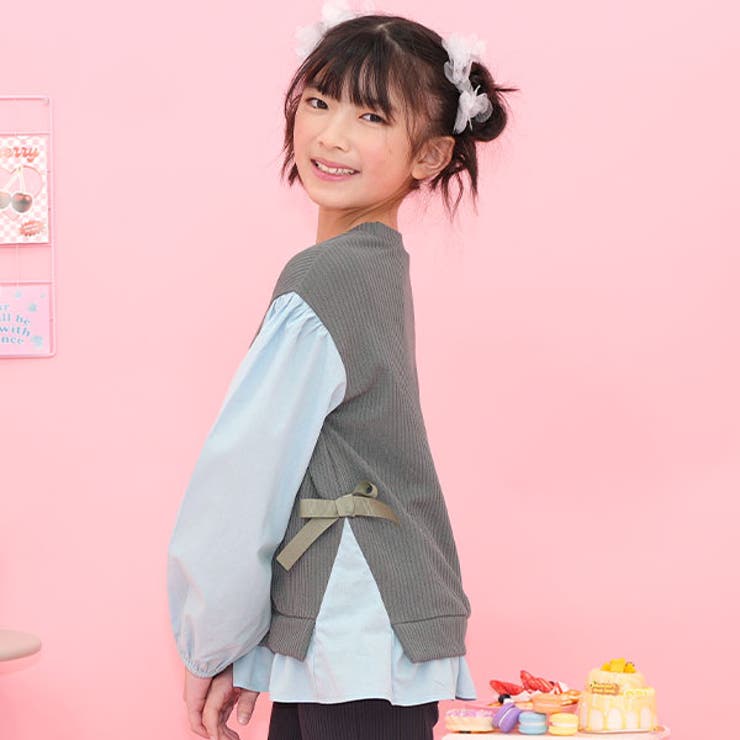 ライトチャコール×くすみブルー | レイヤード風トップス リボン 重ね着風 | 子供服Bee