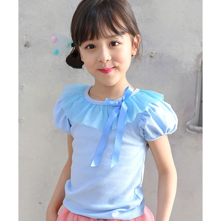 チュール衿×サックスブルー地 | 半袖デザイントップス 子供服 Tシャツ 女の子 春 夏 秋 cle 韓国子供服 | 子供服Bee