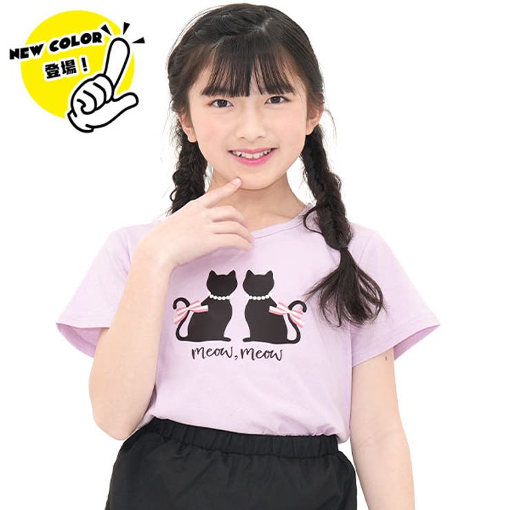 リボンネコ×ライトパープル | プリントTシャツ 綿100％ 半袖 | 子供服Bee