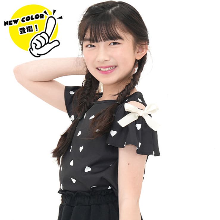 ブラック地ハート柄 | オフショルダートップス リボン 半袖 | 子供服Bee