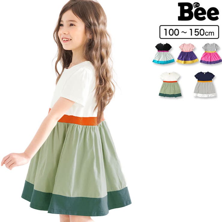 配色半袖ワンピース 子供服 キッズ 女の子 春 夏 秋 韓国子供服