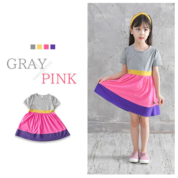 配色半袖ワンピース 子供服 キッズ 女の子 春 夏 秋 韓国子供服 | 子供服Bee | 詳細画像7 