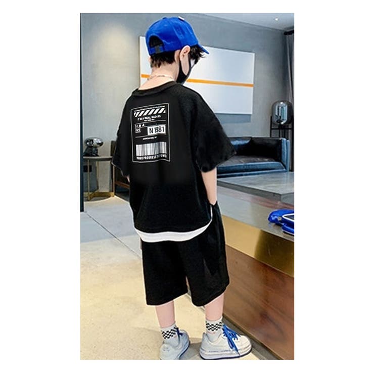 フェイクレイヤードセットアップキッズハーフパンツTシャツ半袖上下セット幼稚園小学生中学生子供服男の子女の子ジュニアパジャマスウェットおしゃれかっこいいビッグシルエットBIGプリントロゴファッション春夏秋110120130140150160