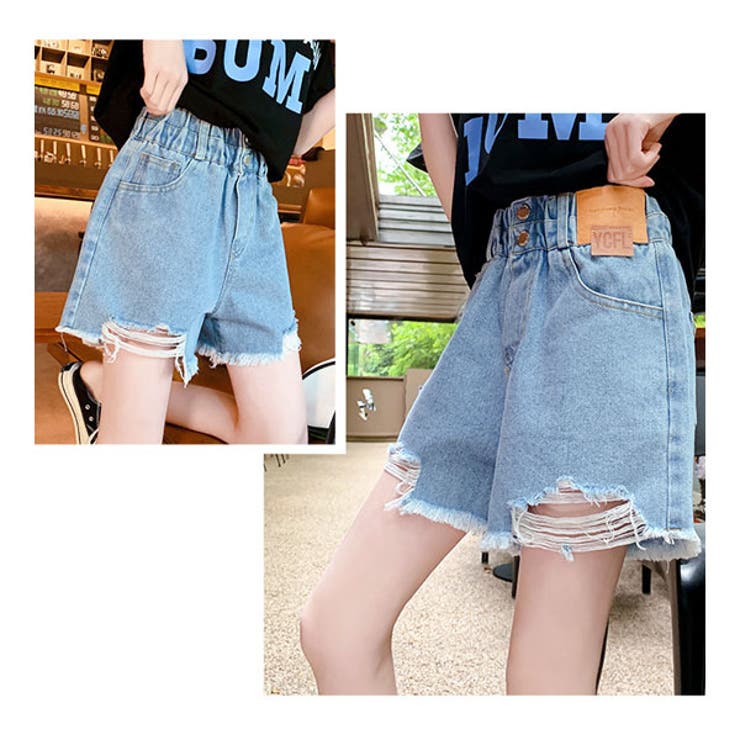 キッズダメージ加工デニムショートパンツボトムス子ども服子供服流行女の子ジュニア子供服小学生中学生幼稚園おしゃれ可愛いかっこいいシンプル着回し春夏秋冬ファッション110cm120cm130cm140cm150cm160cm