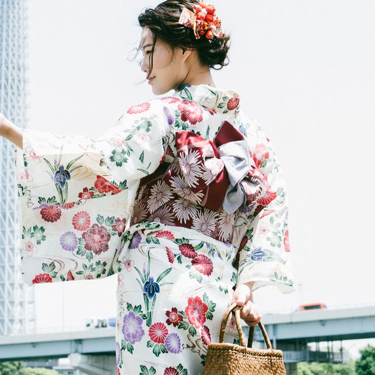 レディース 浴衣 単品 綿麻（02） ベージュ系 菖蒲 菊 牡丹 桜