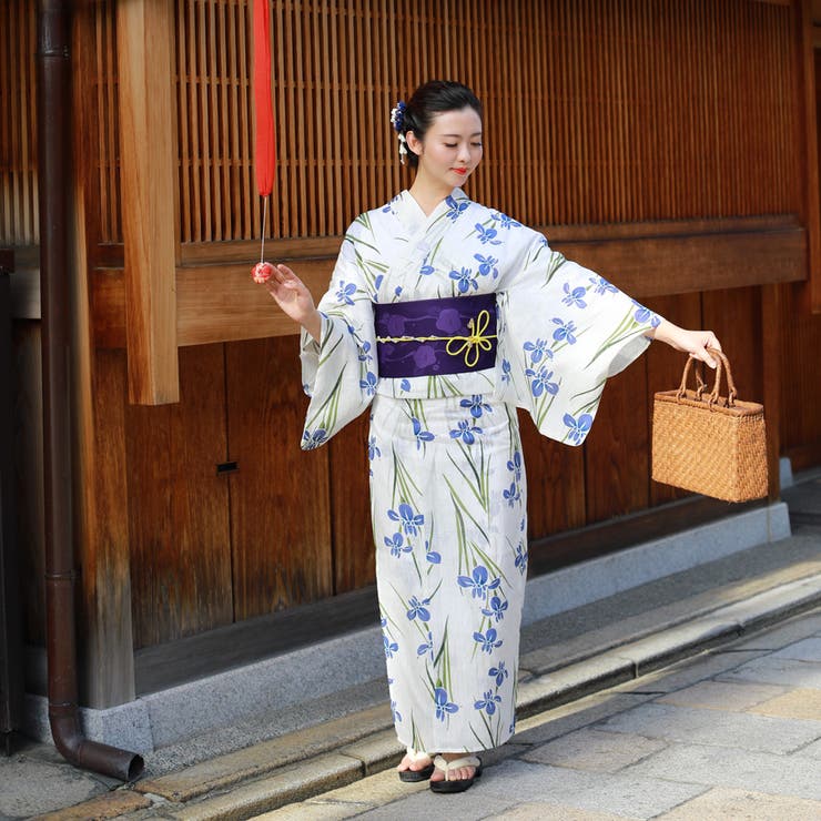 京都 ひでや工房 浴衣 ちぢみ織 茶 ベージュ あやめ 紫陽花 朝顔 椿 未 