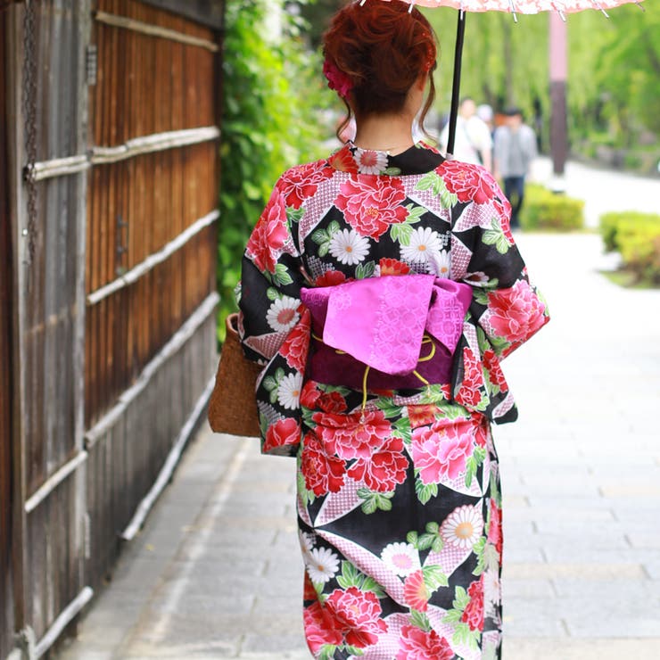 レディース 浴衣 単品 綿麻（28） ブラック系 七宝 牡丹 菊 | 京のおしゃれ屋  | 詳細画像5 