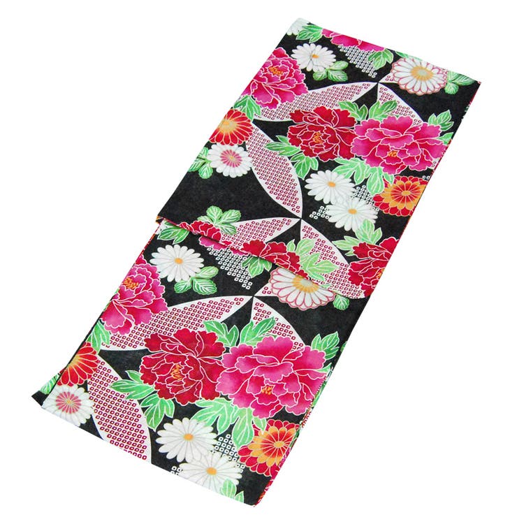 レディース 浴衣 単品 綿麻（28） ブラック系 七宝 牡丹 菊 | 京のおしゃれ屋  | 詳細画像6 