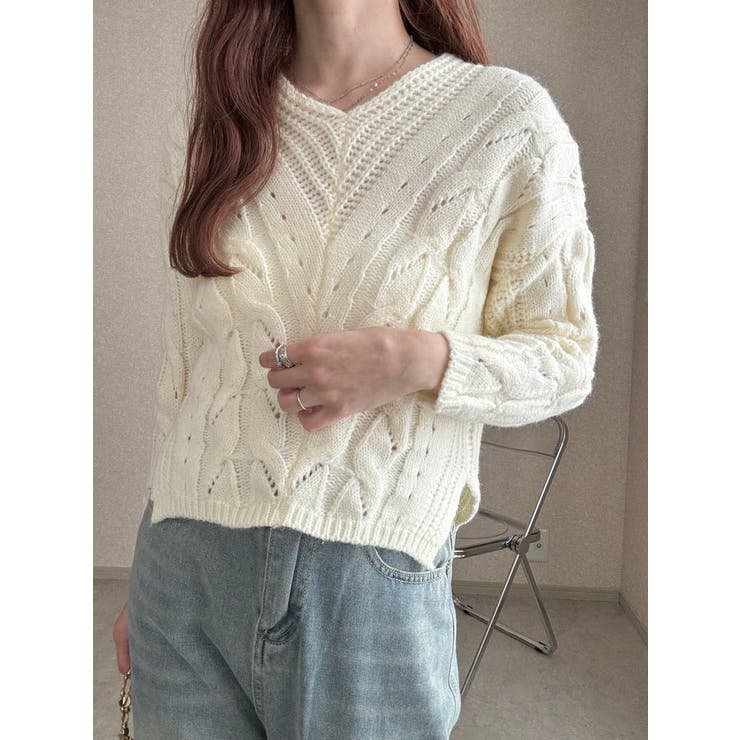 RE ARRIVAL/再入荷 Vネック ケーブル ニット セーター[品番：LFTW0003408 トップス