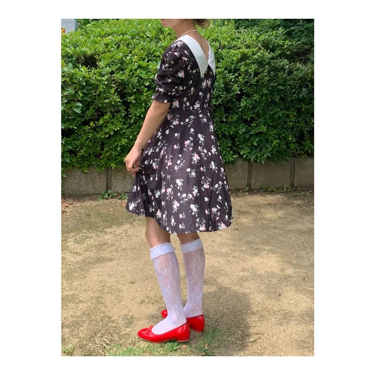 ビッグカラーレトロ花柄ロングワンピース(2colors)