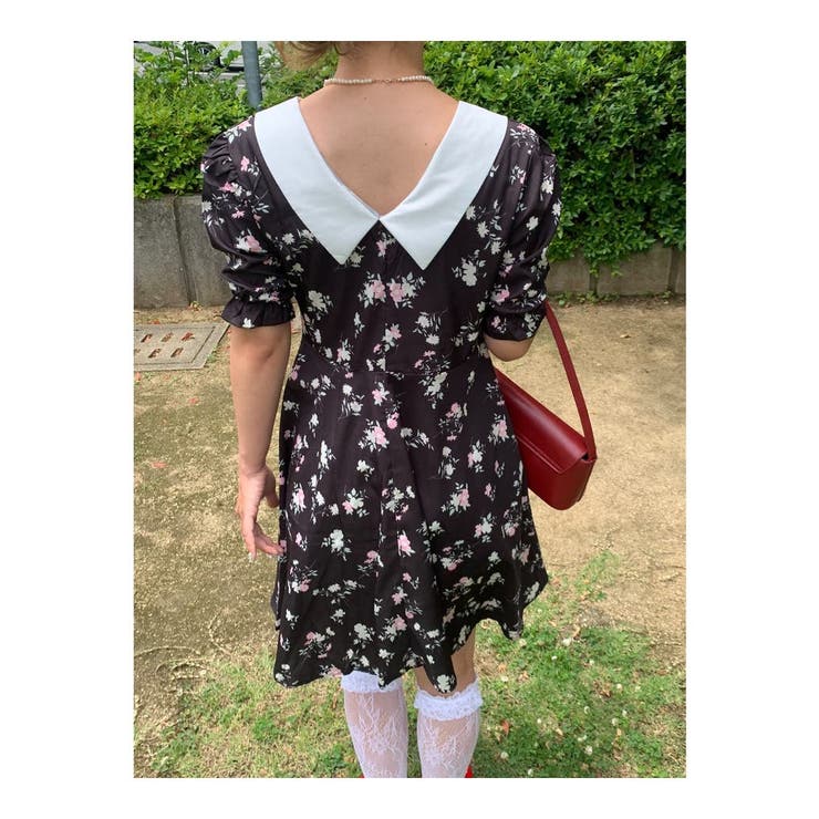 ビッグカラーレトロ花柄ロングワンピース(2colors)