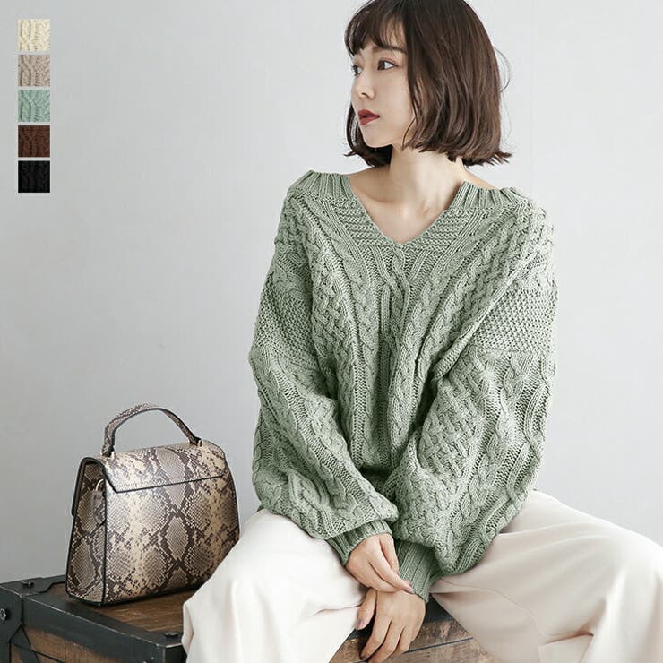 キーネック ニット ケーブル編み | La-gemme | 詳細画像1 