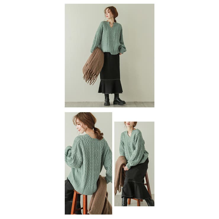 キーネック ニット ケーブル編み | La-gemme | 詳細画像11 