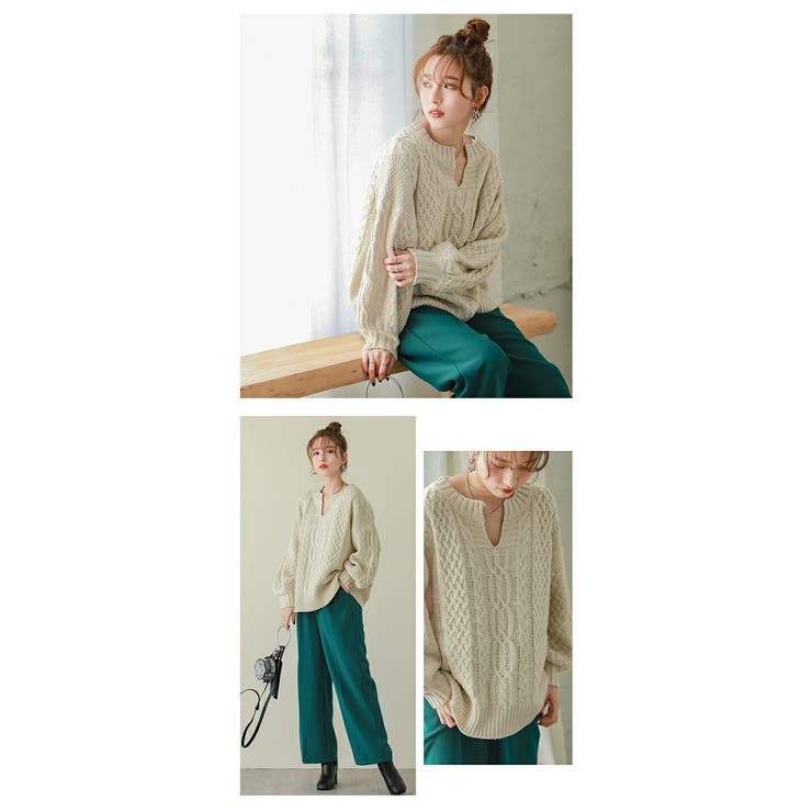 キーネック ニット ケーブル編み | La-gemme | 詳細画像7 