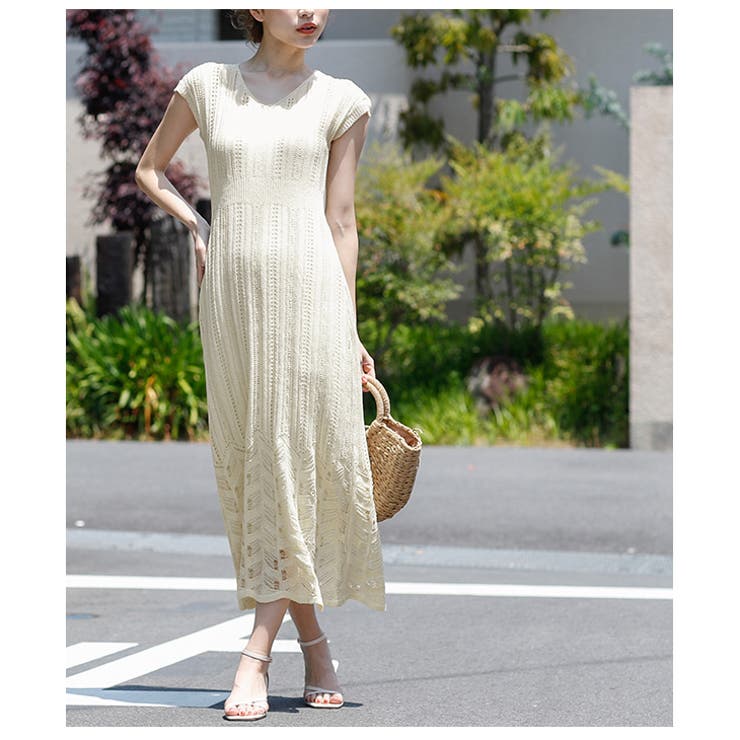 結婚式 パーティー透かし編み ワンピース[品番：LGMW0003815