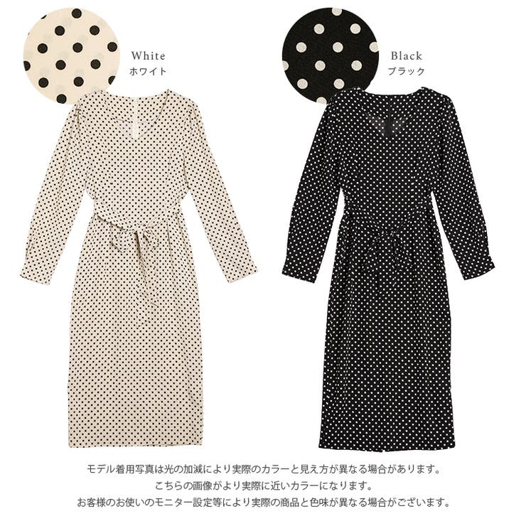 ドット柄ワンピース 長袖 パフスリーブ[品番：LGMW0004783]｜La