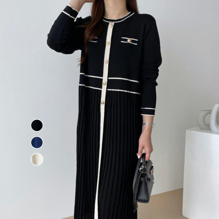 配色ワンピース プリーツワンピース バイカラー | La-gemme | 詳細画像1 