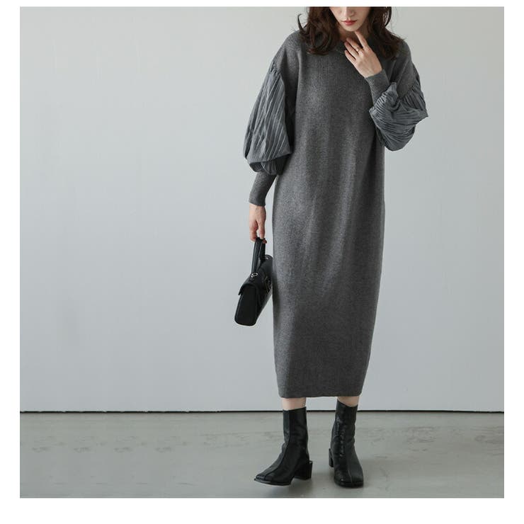 プリーツスリーブ ニットワンピース 長袖[品番：LGMW0005578]｜La
