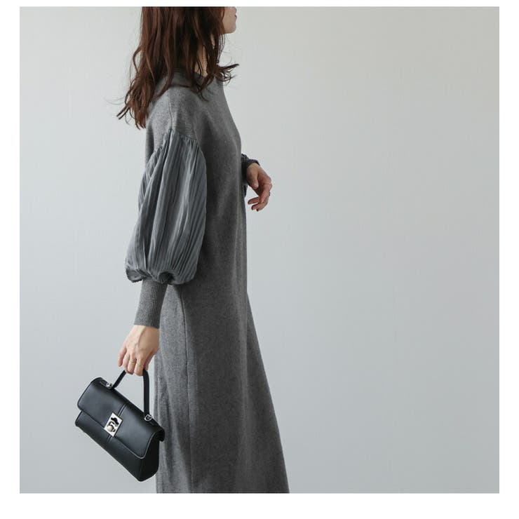 プリーツスリーブ ニットワンピース 長袖[品番：LGMW0005578]｜La