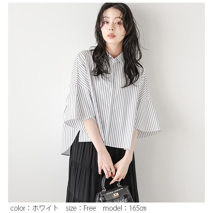 ペタルスリーブ デザイン袖 フレア ブラウス ストライプ 大人かわいい  2025春夏新作【lstpss25-1423】【即納：1-5営業日】【送料無料】メ込2 ペタルスリーブ デザイン袖 フレア[品番：LGMW0005974]｜La
